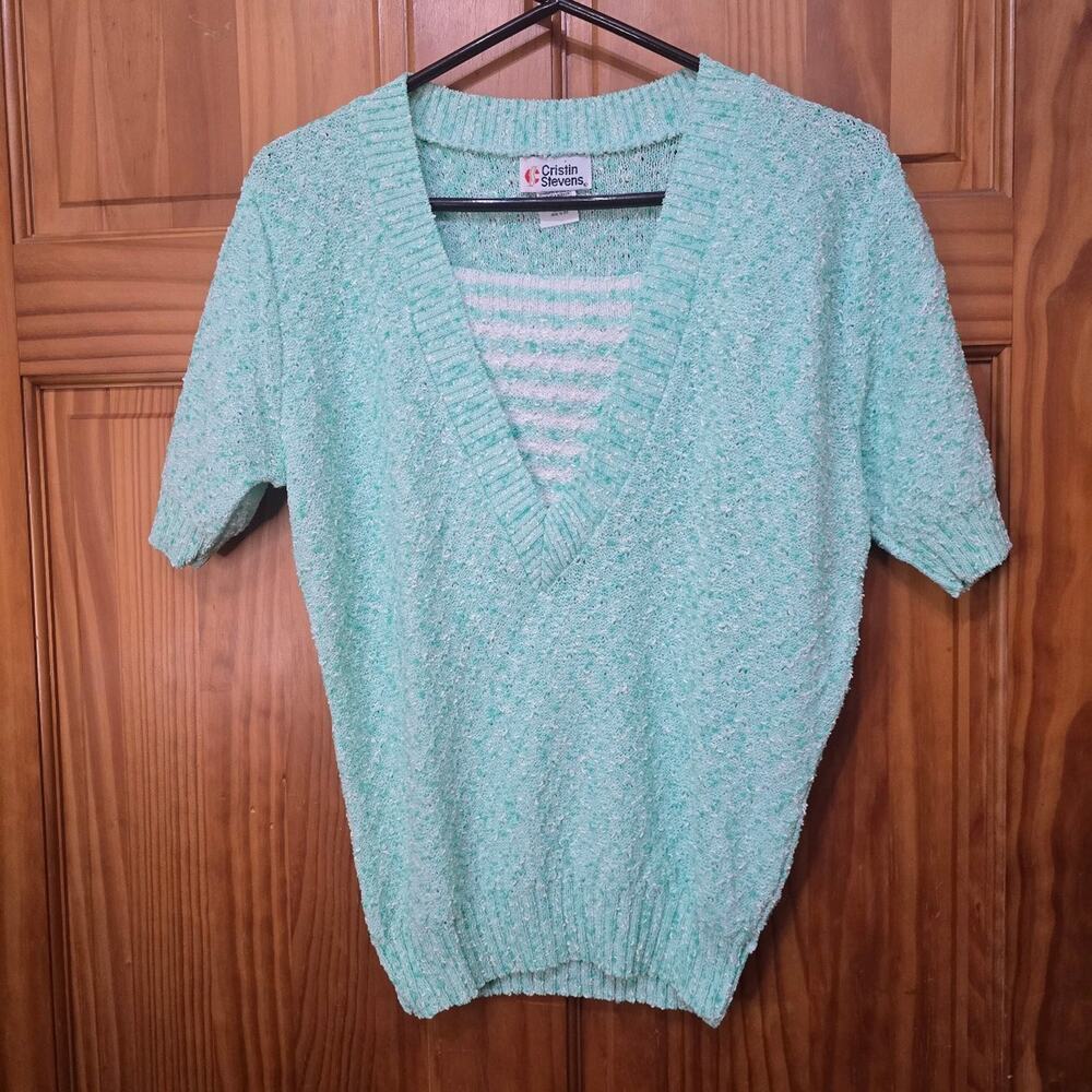Vintage Cristin Stevens short-sleeve sweater light green knit material Size M